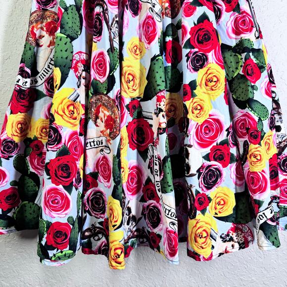 HELL BUNNY Skirt Small Dias De Los Muertos Roses A-Line Rockabilly Full Sweep - Picture 5 of 14